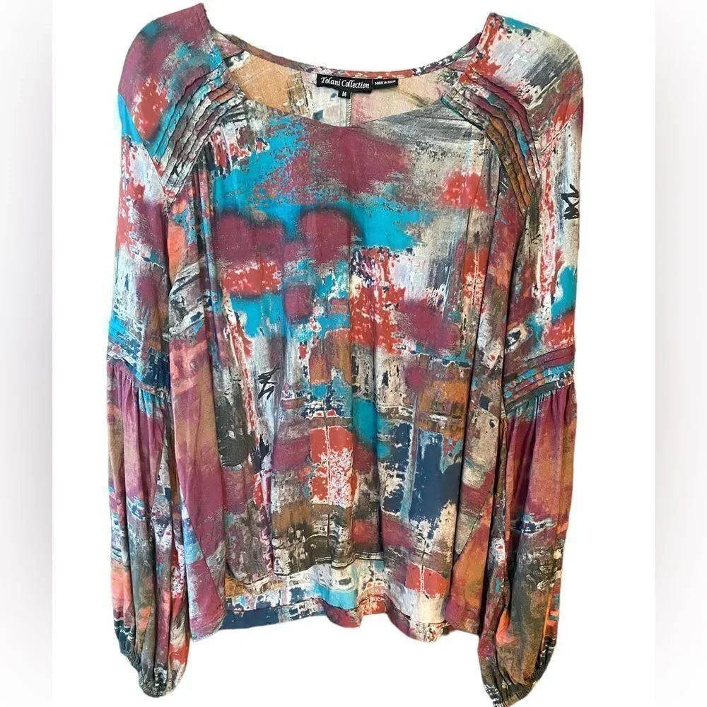Tolani Sz M Purple Teal Drapey Flowy Boho Long Sleeve Balloon Sleeves Top